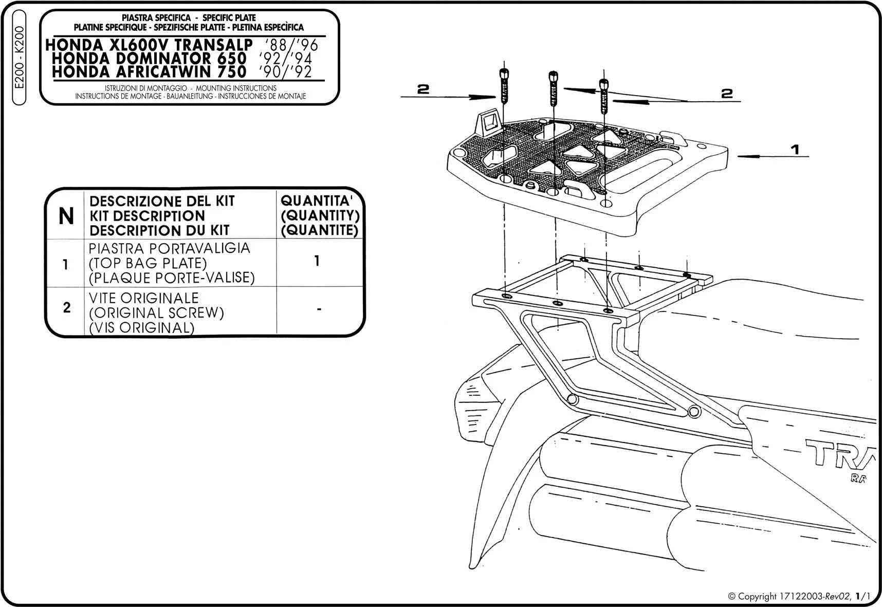 Givi E200 Top Box Adapter Plate Monokey For Honda XL600V Transalp '89-'93 - Image 2