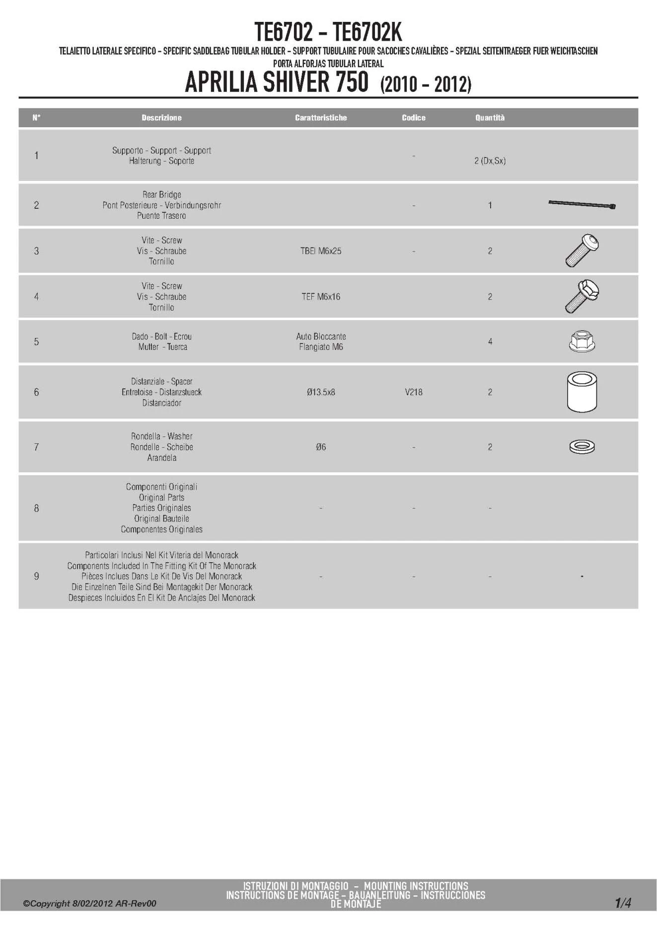 Givi TE6702 Easylock Saddlebag Supports For Aprilia Shiver 750 (2010-current) - Image 2