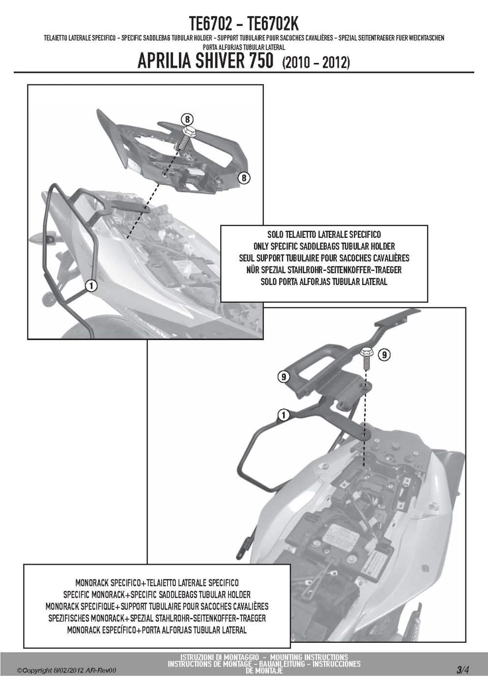 Givi TE6702 Easylock Saddlebag Supports For Aprilia Shiver 750 (2010-current) - Image 3